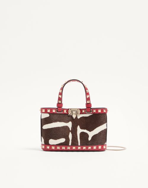 Valentino Garavani Rockstud Mini Shopping Bag In Pony-effect Calfskin Woman White/brown/red Onesize