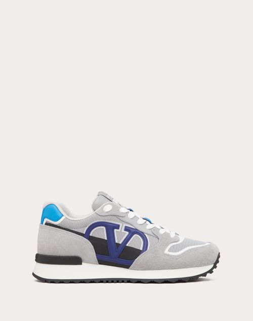 Shop Valentino Garavani Vlogo Pace Low-top Sneaker In Split Leather Fabric And Calf Leather In Grey/blue