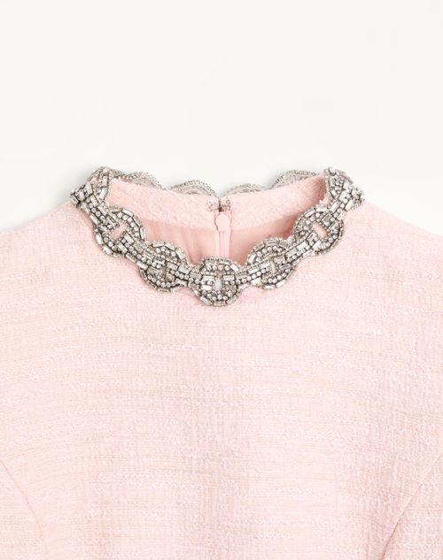 Valentino - Abito Corto In Crinkle Cotton Tweed Ricamato - Rosa/silver - Donna - Abiti