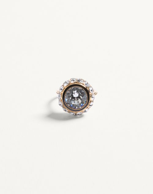 Valentino Garavani Vlogo Signature Ring In Metal Enamel And Crystals Woman Gold/black/crystal 17