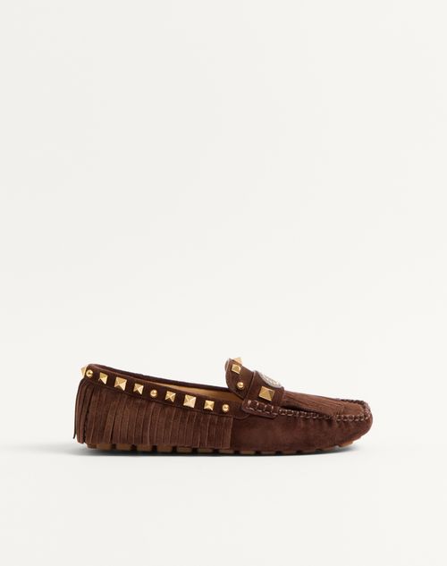Valentino Garavani Plaster Caster Driver Loafer In Crust Leather With Fringes Woman Fondant 42