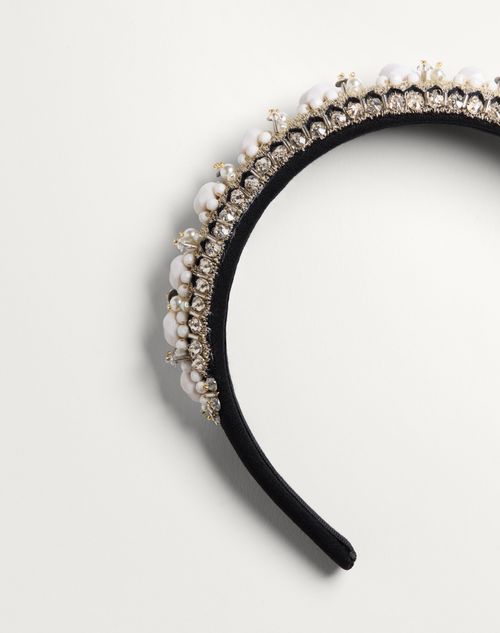 Valentino Garavani - Valentino Headband In Wool And Silk With Embroidery - Black/white/gold - Woman - Hair Accessories