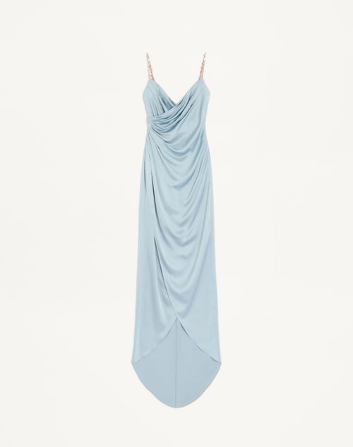 Valentino Robe Longue En Satin Cady Brodé Femme Bleu D'azur/argent 38