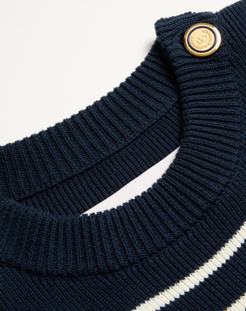 Valentino - Striped Cotton Crewneck Sweater With Buttons On The Shoulder - Indigo/butter - Man - Knitwear