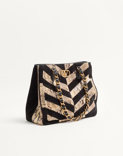 Valentino Garavani - Borsa Shopping Valentino Garavani Laseine In Pitone E Suede Motivo Chevron - Beige/nero - Donna - Borse Shopping