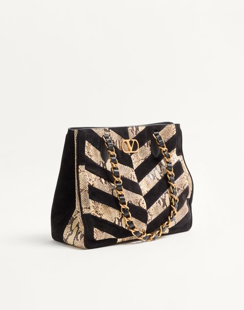 Valentino Garavani - Valentino Garavani Laseine Shopping Bag In Python And Chevron-patterned Suede - Beige/black - Woman - Totes