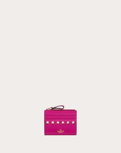 Valentino Garavani Rockstud Calfskin Cardholder With Zip Woman Rose Violet Uni