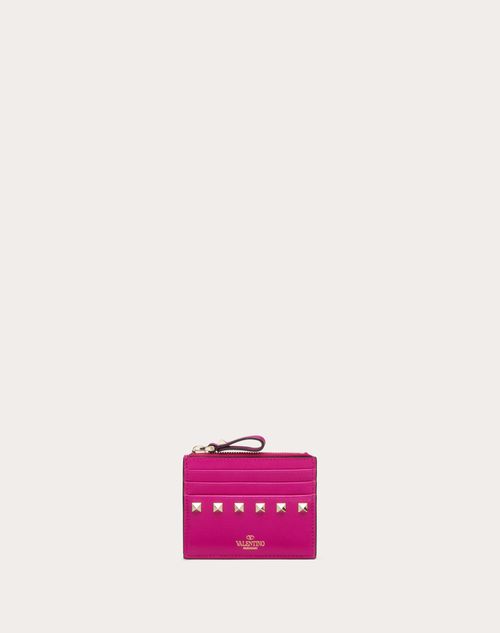 Valentino Garavani Rockstud Calfskin Cardholder With Zip Woman Rose Violet Uni In Rose Violet