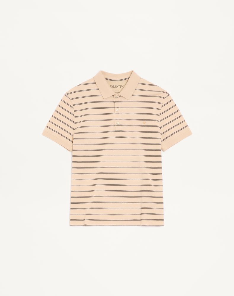 Valentino Men's Beige/Navy Cotton Pique Polo Shirt With Vgold Stripes Man Xxl