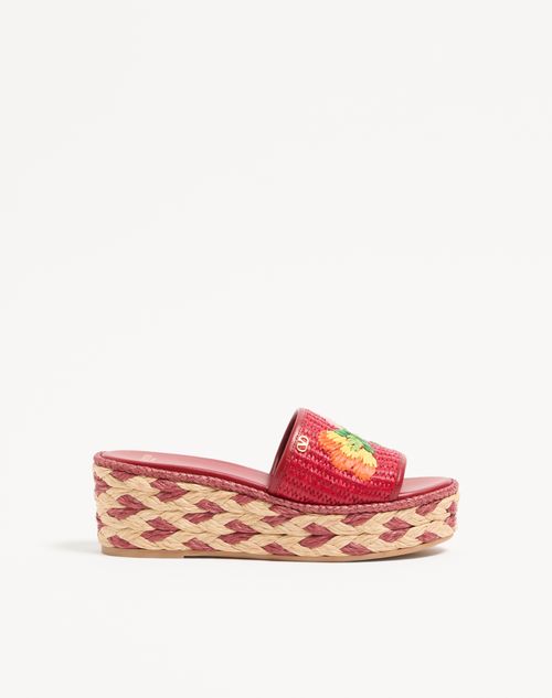 Valentino Garavani Bribri Raffia Wedge Slide With Floral Embroidery 65mm Woman Red 38