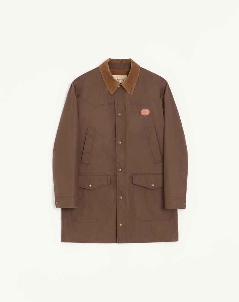 Valentino Waxed Cotton Coat With Vlogo Patch In Brown