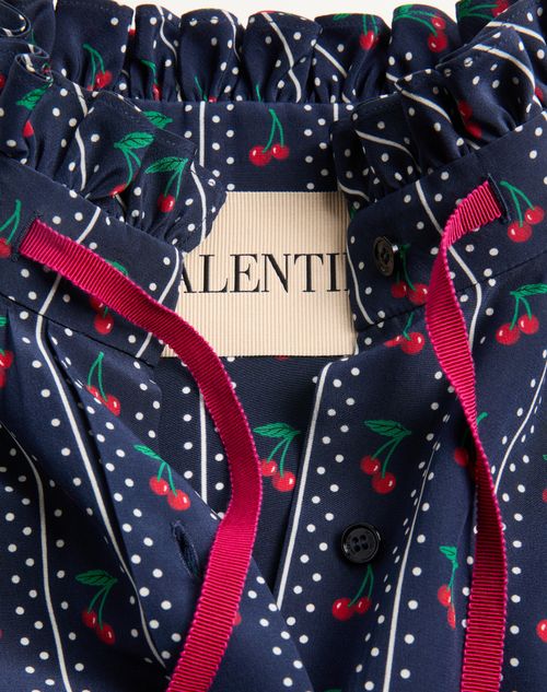 Valentino - Crepe De Chine Shirt With Cherryfic Print - Navy/cherry Red - Woman - Shirts And Tops