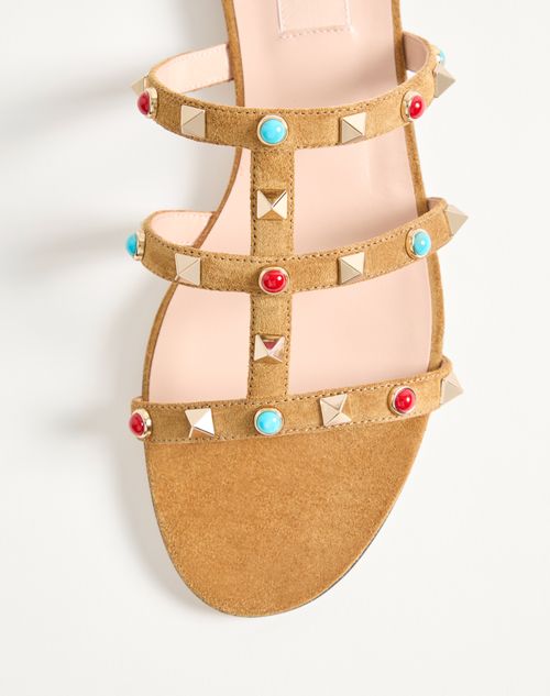 Valentino Garavani - Rockstud Slide-sandalen Aus Spaltleder Mit Cabochon-steinen - Havana Beige - Frau - Sandalen