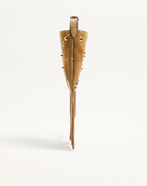 Valentino Garavani - Valentino Garavani Nellcôte Small Shoulder Bag In Suede With Fringes - Havana Beige - Woman - Shoulder Bags
