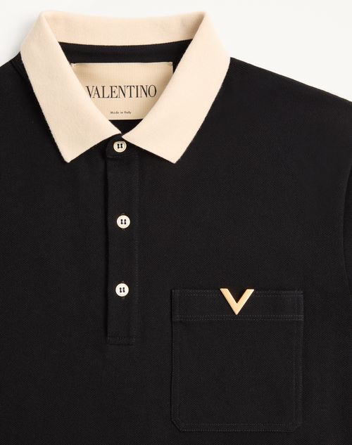 Valentino - Polo Valentino In Piquet Di Cotone Con Vgold - Nero/burro - Uomo - T-shirts E Felpe