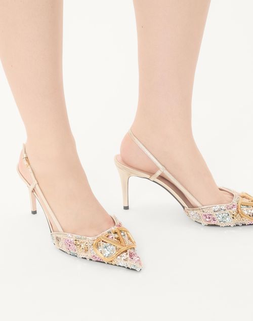 Valentino Garavani - Vlogo Signature Slingback Décolleté With Rhombelle Embroidery 80mm - Platinum - Woman - Pumps