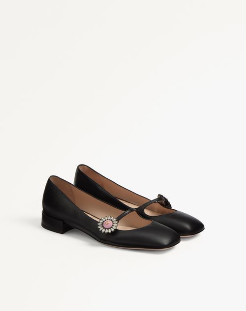 Valentino Garavani - Mary-jane Preshoes Ballerina In Kidskin With Jewel Button 20mm - Black/crystal/pink - Woman - Ballerinas