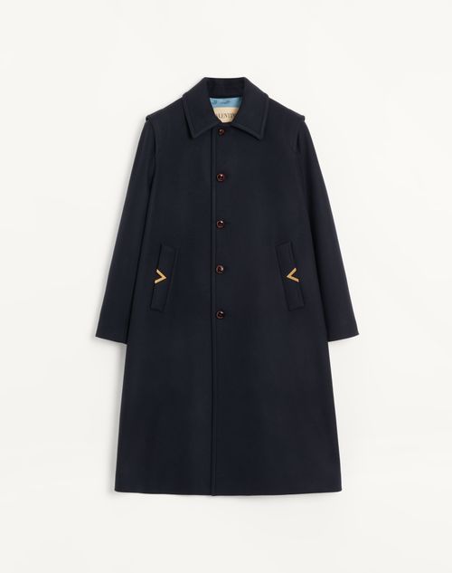 Valentino - Manteau Droit Valentino En Feutre De Laine Avec Vgold Sur Les Poches Latérales - Marine - Homme - Manteaux Et Blazers