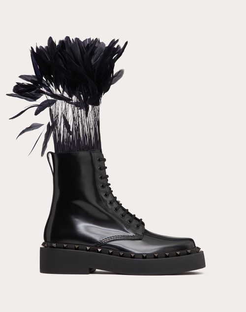 Shop Valentino Garavani Rockstud M-way Combat Boot In Calfskin With Feathers 50mm In Black