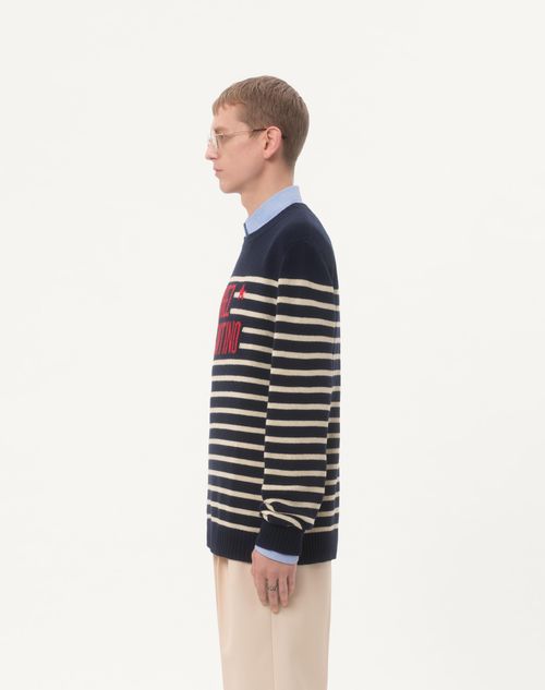 Valentino - Wool Sweater With Chez Valentino Jacquard Motif - Blue/butter - Man - Knitwear