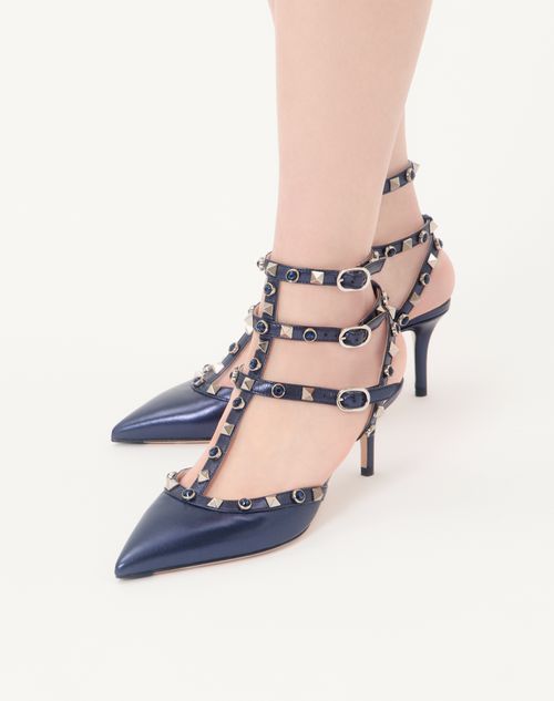 Valentino Garavani - Décolleté Rockstud In Nappa Laminata Con Cabochon 65mm - Navy - Donna - Décolleté