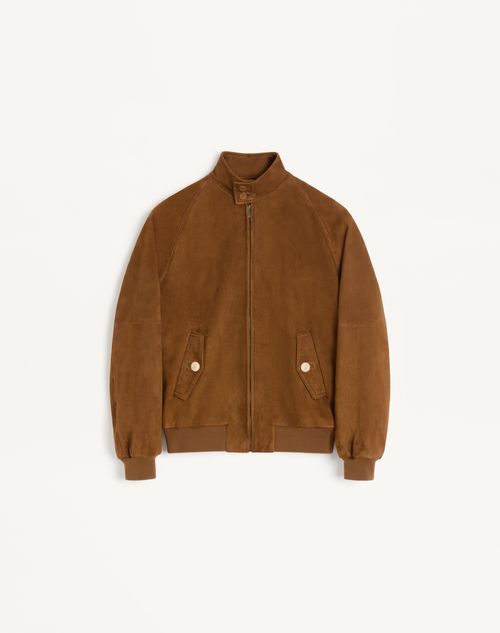 Valentino Ribbed Lambskin Suede Leather Jacket With Stand-up Collar