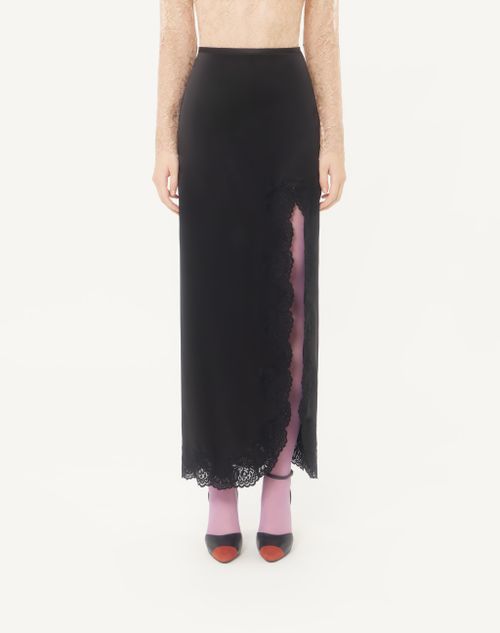 Valentino - Jupe Longue En Crêpe Satin Avec Dentelle - Noir - Femme - Jupes