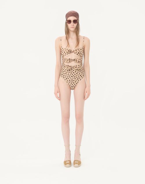 Valentino - Einteiliger Badeanzug Aus Lycra Mit Dalmata Plus De Pois-punktmuster - Beige/schokolade - Frau - Bademode