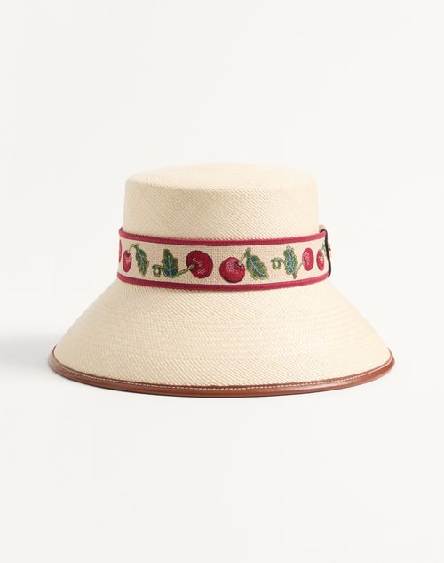 Valentino Garavani Cherryfic Straw Bucket Hat With Leather Trim And Cherryfic Ribbon Woman Natural/saddle Brown 55