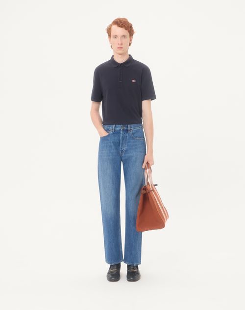 Valentino - Valentino Cotton Piqué Polo Shirt With Vlogo Signature Patch - Navy - Man - T-shirts And Sweatshirts