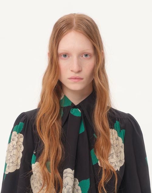 Valentino - Crepe De Chine Shirt With Apres L'hiver Print - Black/multicolor - Woman - Shirts And Tops