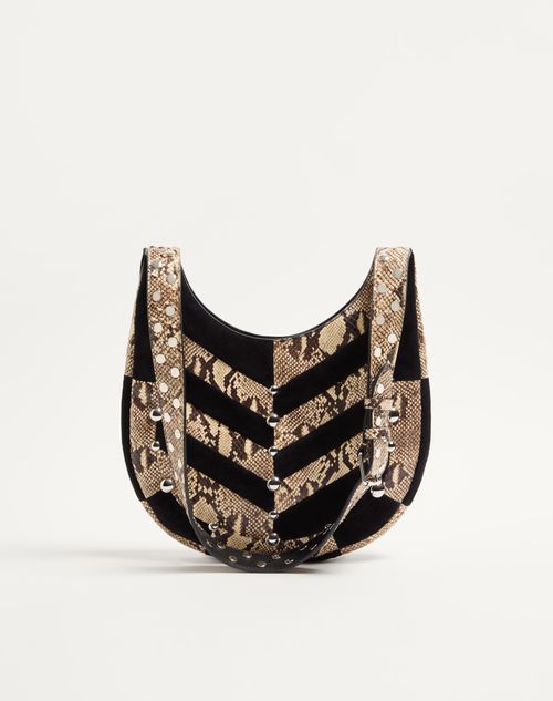 Valentino Garavani - Valentino Garavani Hoboho Small Hobo Bag In Python And Chevron-patterned Suede With Studs. - Beige/black - Woman - Shoulder Bags