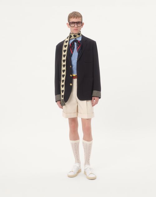 Valentino - Single-breasted Wool And Cotton Jacket With Jacquard Trimmings - Navy - Man - Coats And Blazers