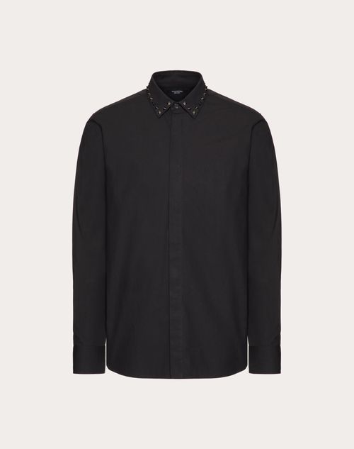 Valentino Long Sleeve Cotton Shirt With Black Untitled Studs On Collar