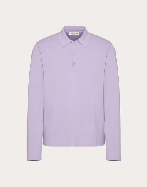 Shop Valentino Long-sleeve Wool Polo Shirt With Vlogo Signature Embroidery In Mauve