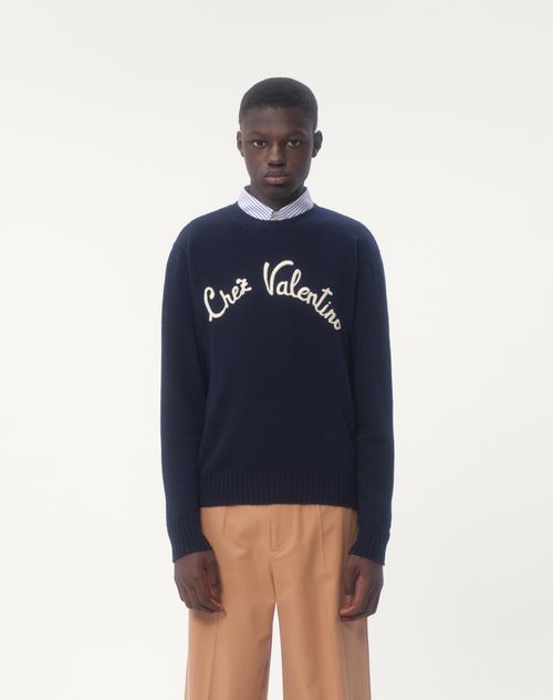 Valentino - Wool Crewneck Sweater With Chez Valentino Embroidery - Blue - Man - Knitwear