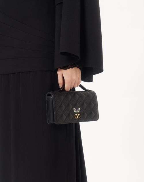 Valentino Garavani - Flutterby Valentino Garavani Chain Wallet In Shiny Nappa Leather With Butterfly Embroidery - Black - Woman - Clutches