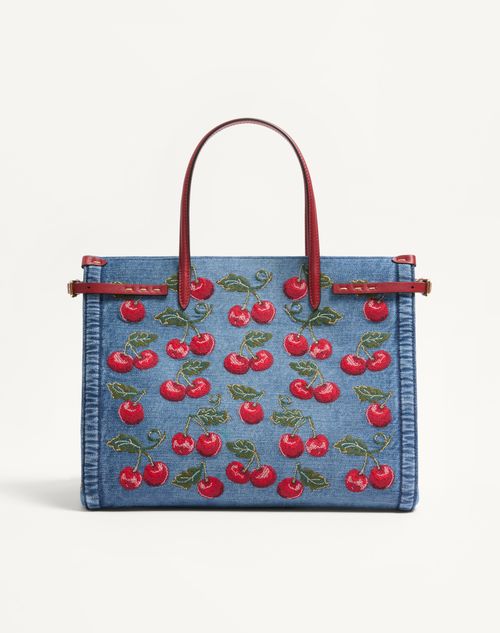 Valentino Garavani - Valentino Garavani Antibes Medium Shopping Bag In Denim With Cherryfic Embroidery - Denim/multicolour - Woman - Totes