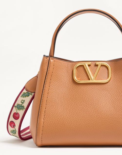 Valentino Garavani - Valentino Garavani Alltime Medium Handbag In Grainy Calfskin With Cherryfic Embroidered Ribbon Shoulder Strap - Almond - Woman - Top Handle Bags