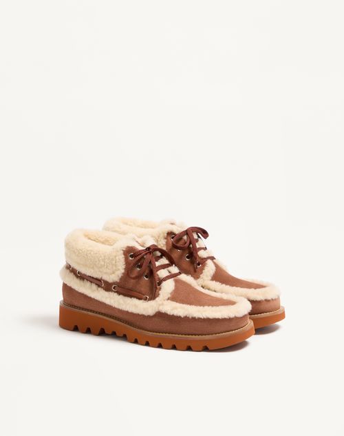 Valentino Garavani - Palm Avenue Ankle Boot In Crust Leather And Wool - Tobacco/natural - Man - Loafers And Driver