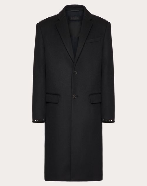 Valentino Single Breasted Coat In Double-faced Wool And Cashmere With Black Untitled Studs