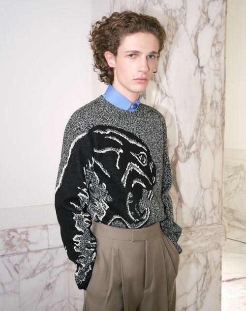 Valentino - Valentino Cotton And Mouliné Wool Jumper With Panther Jacquard - Ivory/black - Man - Knitwear