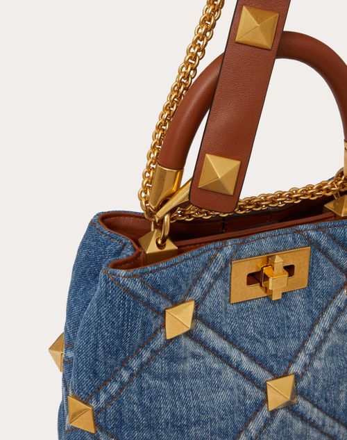 Valentino Garavani - Small Roman Stud The Handle Bag In Denim - Denim - Woman - Top Handle Bags