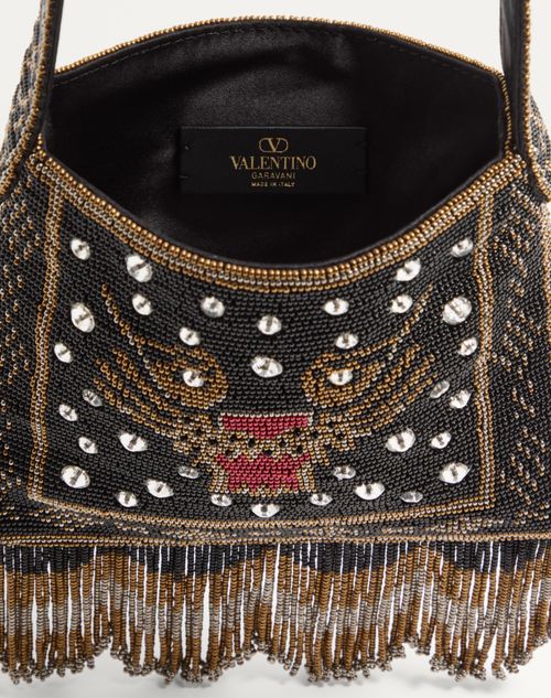 Valentino Garavani - Valentino Garavani Nellcôte Small Embroidered Shoulder Bag With Fringes - Black - Man - Shoulder Bags