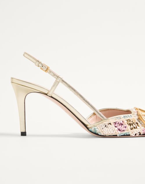 Valentino Garavani - Vlogo Signature Slingback Décolleté With Rhombelle Embroidery 80mm - Platinum - Woman - Pumps