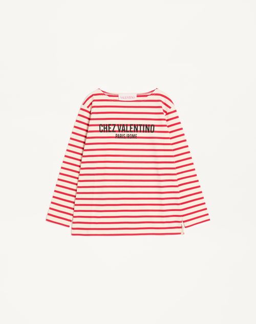 Valentino - Long-sleeved Cotton T-shirt With Chez Valentino Print - Ivory/red - Woman - T-shirts And Sweatshirts