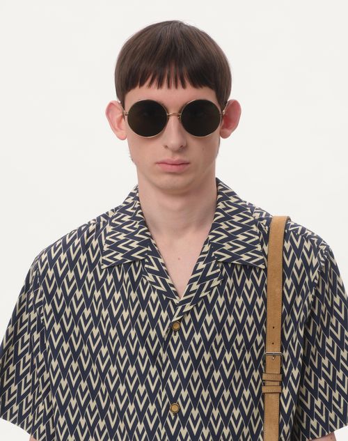 Valentino - Cotton Popeline Bowling Shirt With Toute La V Print - Navy/cream - Man - Shirts