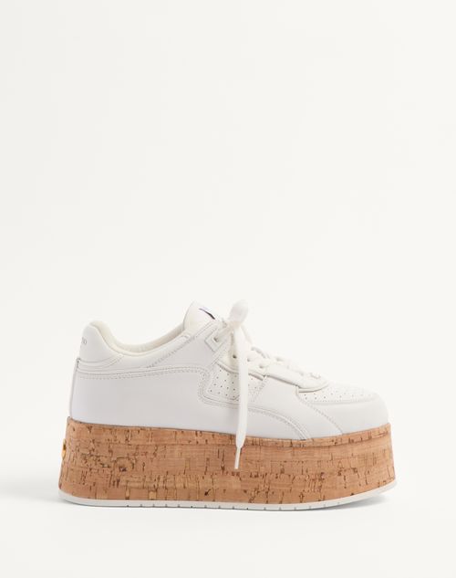 Valentino Leather Platform Sneakers Perforated Detailing In White/white/white/natural/white