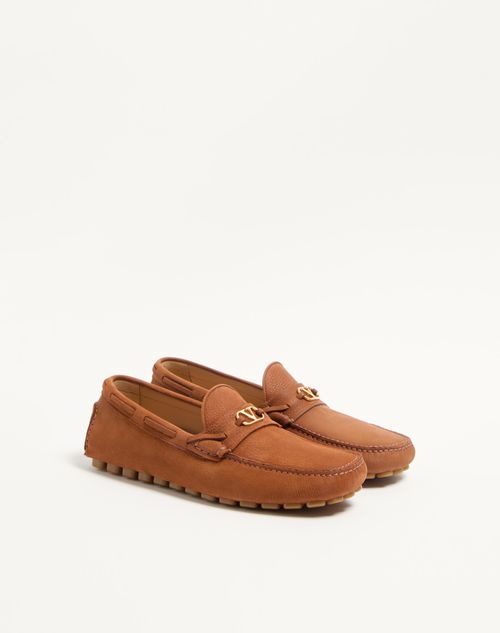 Valentino Garavani - Driver Fastaway Loafer In Deerskin Suede - Tobacco - Man - Loafers And Driver