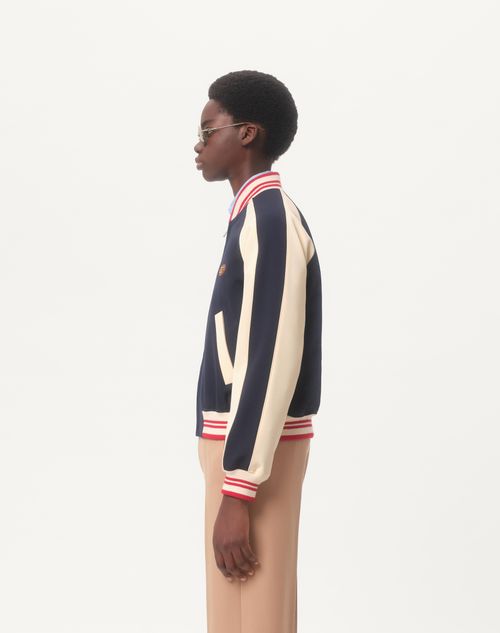 Valentino - Chaqueta Bomber De Lana Y Algodón Con Parche Del Vlogo Y Le Chat De La Maison - Azul/manteca - Hombre - Chaquetas Y Plumíferos